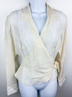 Vintage Linen Silk Wrap Blouse Top Long Sleeve Sheer Cream Off White Coastal